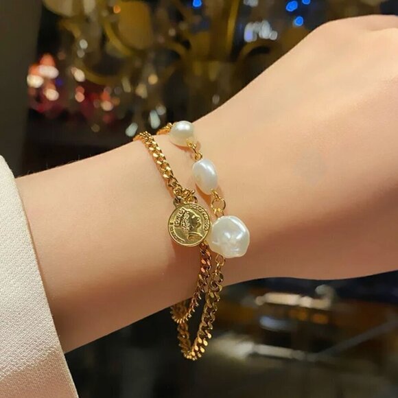 NWT 14K Gold Plated Two Strands Coin Charm Pearl Bracelet 7” - Picture 2 of 13